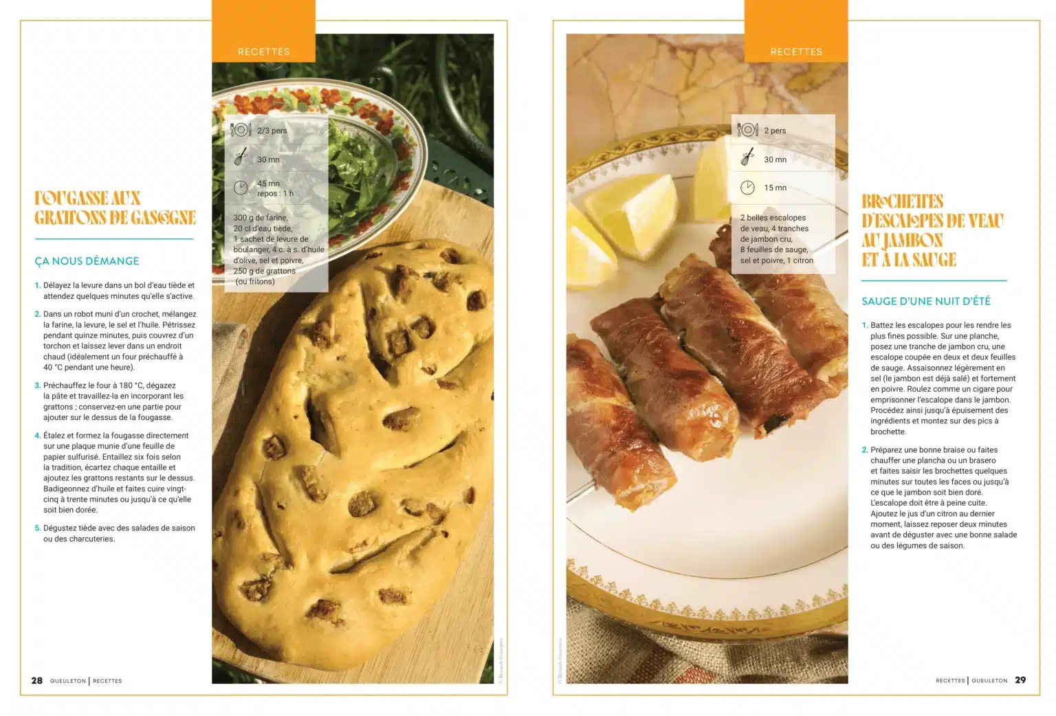 Recettes de fougasse aux grattons de Gascogne et brochettes d'escalopes de veau, Gueuleton n°23